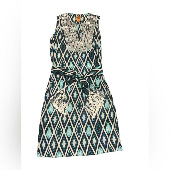 2000s TORY BURCH SILK Fish Print Blue/Turquoise embellished Kaftan Dress size 8 - Picture 1 of 9